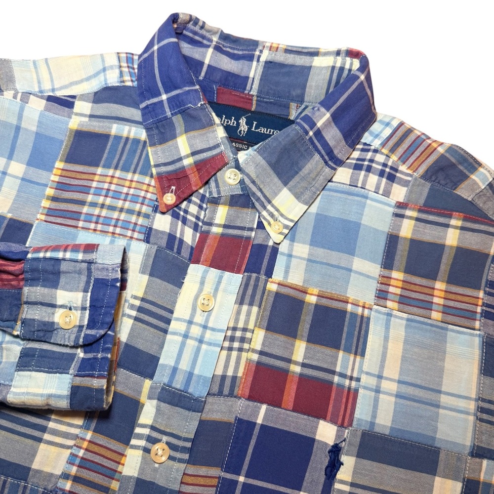 Ralph Lauren Mens M Classic Patchwork Plaid Button Down Shirt Blue Long Sleeve